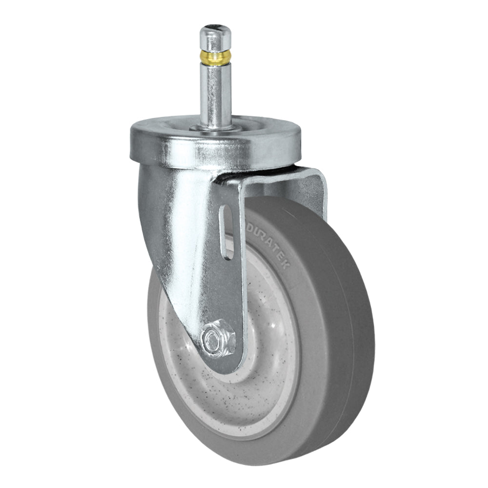 Swivel caster, 4" x 1-1/4" duratek rubber wheel, Grip ring stem 7/16 x 1-3/8"