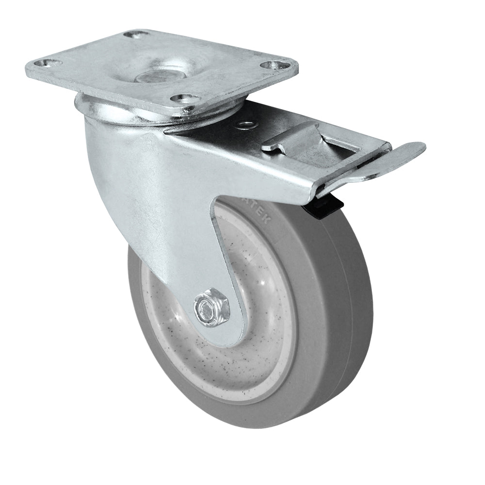 Total lock caster, 4" x 1-1/4" duratek rubber wheel, Plate 2-3/8 x 3-5/8"