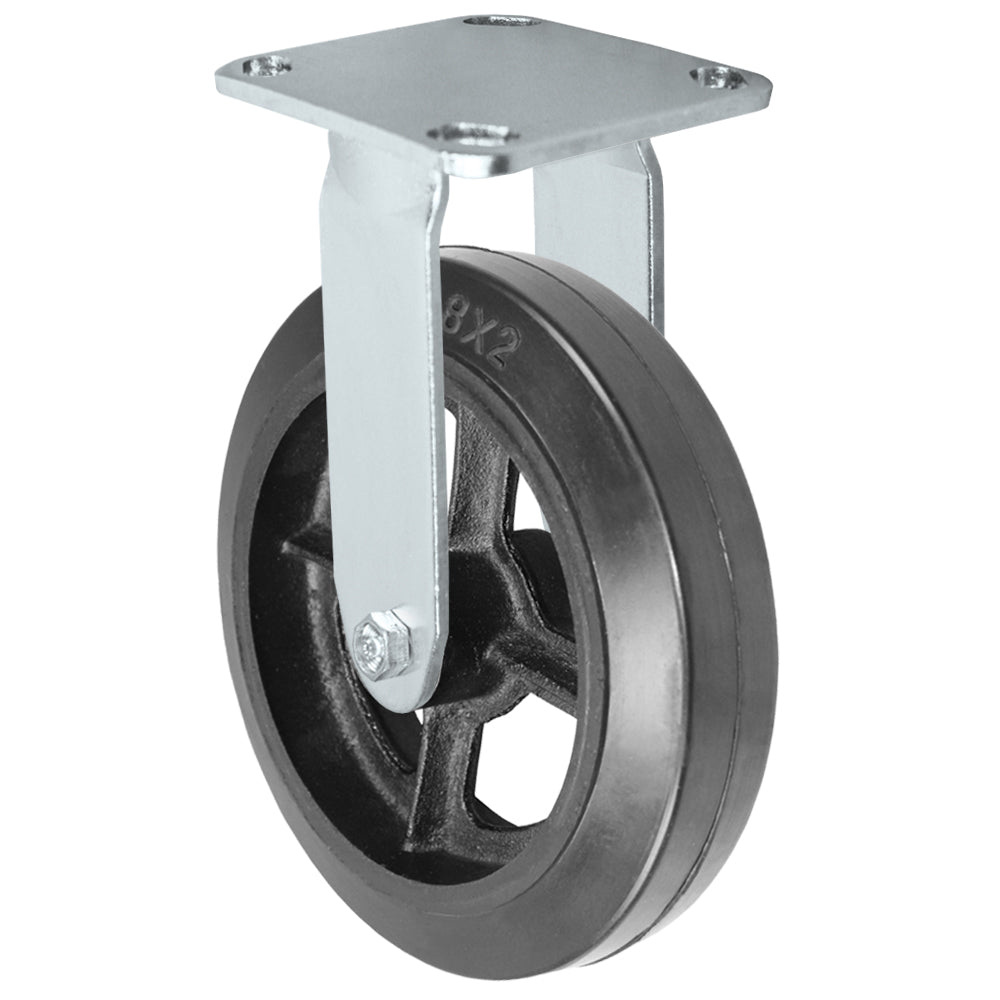 Rigid caster, 8" x 2" rubber on steel wheel, Plate 4 x 4-1/2"