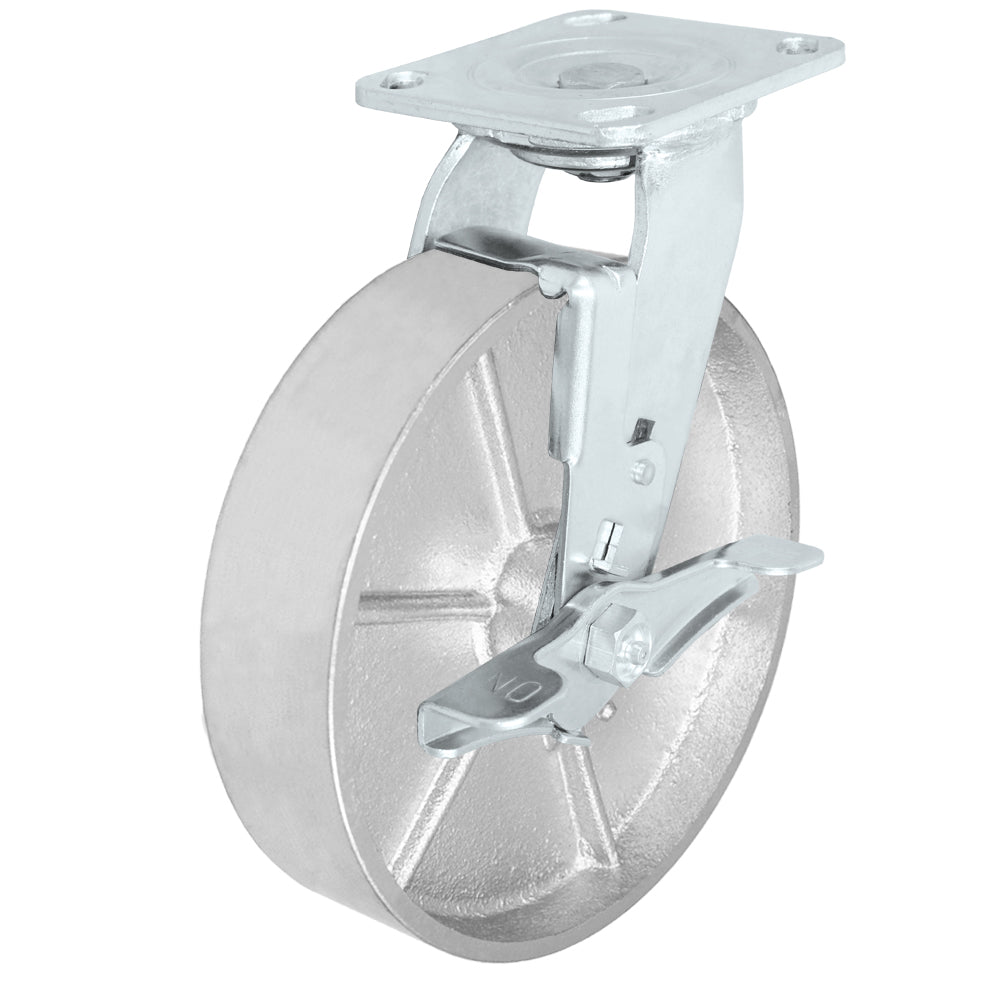 Swivel + side brake caster, 8" x 2" semi-steel wheel, Plate 4 x 4-1/2"