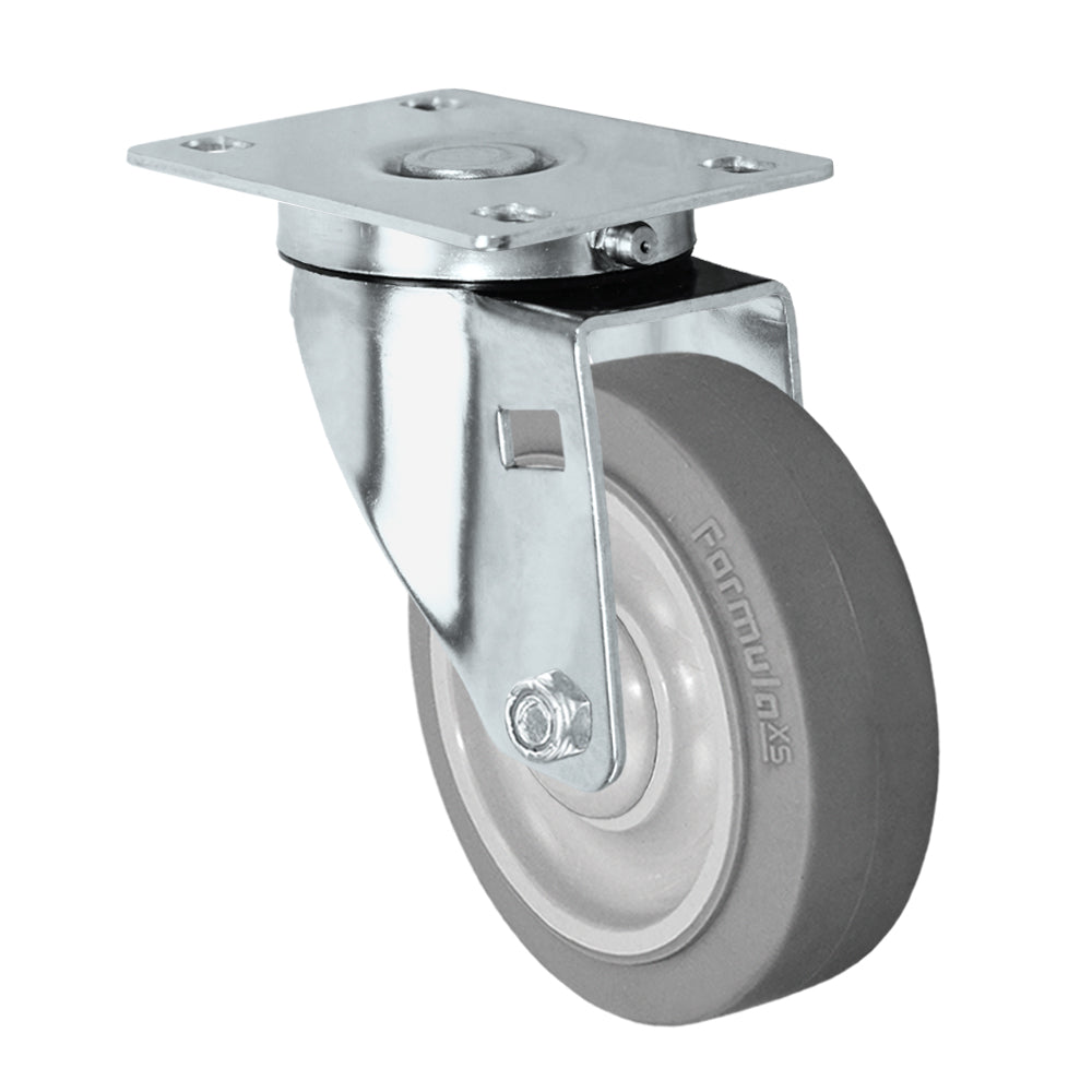 Swivel caster, 4" x 1-1/4" fx thermoplastic rubber wheel, Plate 2-3/8 x 3-5/8"