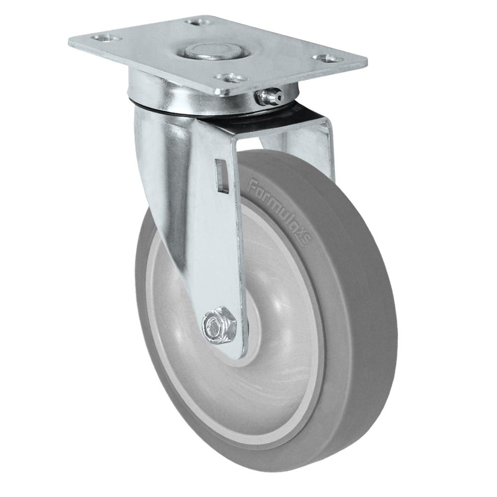 Swivel caster, 5" x 1-1/4" fx thermoplastic rubber wheel, Plate 2-3/8 x 3-5/8"