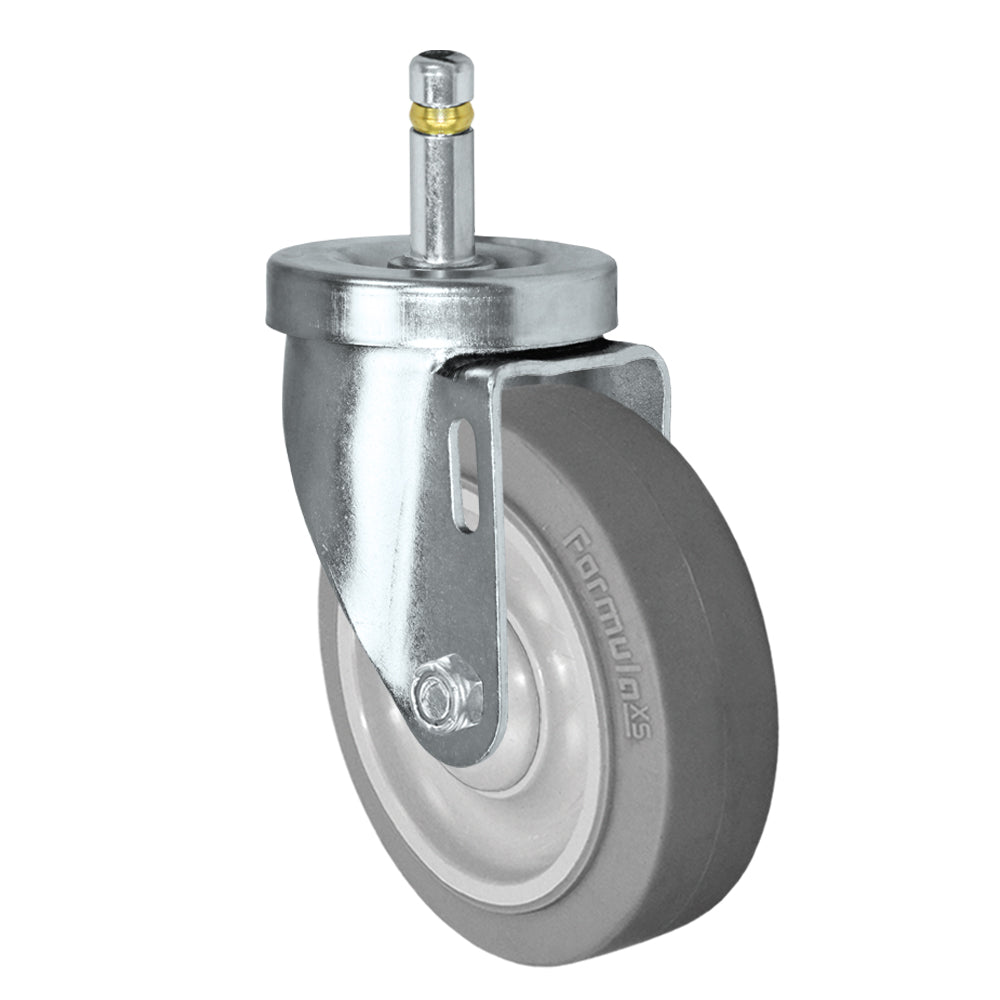 Swivel caster, 4" x 1-1/4" fx thermoplastic rubber wheel, Grip ring stem 7/16 x 1-3/8" (zinc-plated 24 Series shown)