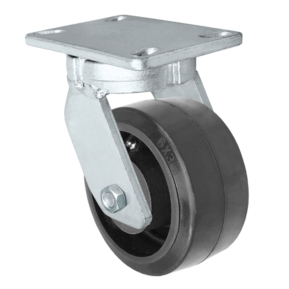 Swivel caster, 6" x 3" rubber on steel wheel, Plate 4-1/2 x 6-1/4"