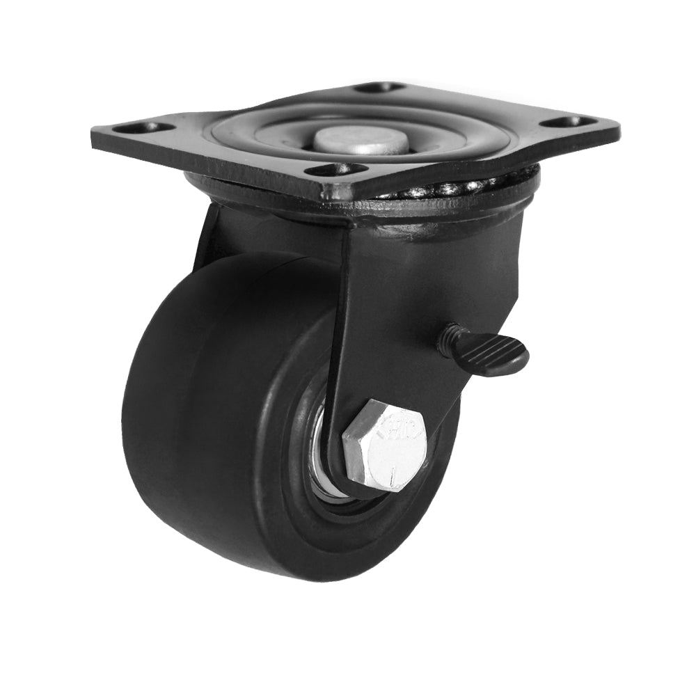 Swivel + thumb-screw brake caster, 3" x 1-13/16" glass-filled nylon wheel, Plate 3-1/8 x 4-1/8"