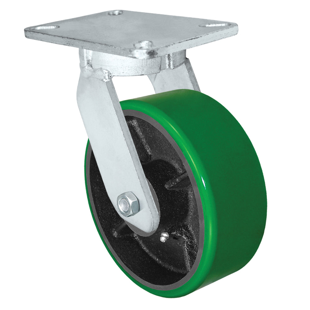 Swivel caster, 8" x 3" polyurethane on steel wheel, Plate 5-1/4 x 7-1/4"
