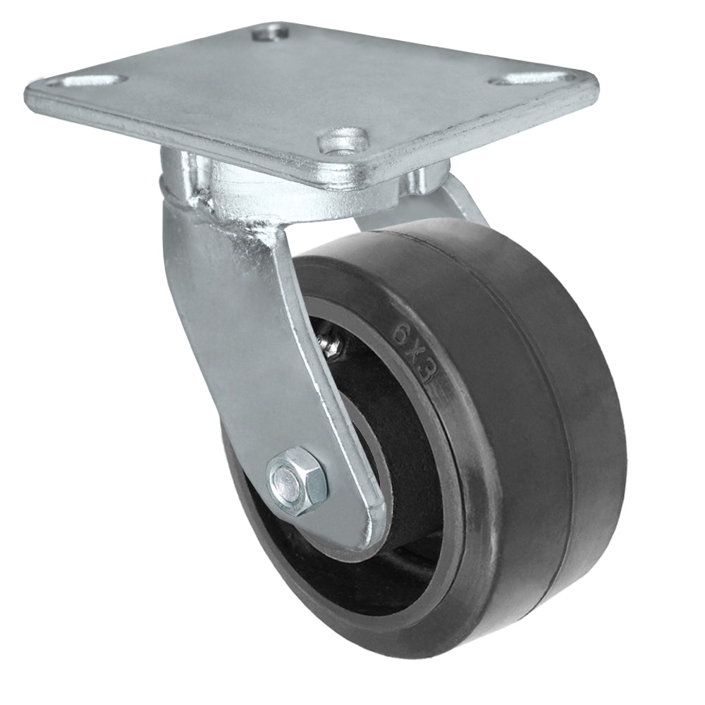 Swivel caster, 6" x 3" rubber on steel wheel, Plate 5-1/4 x 7-1/4"