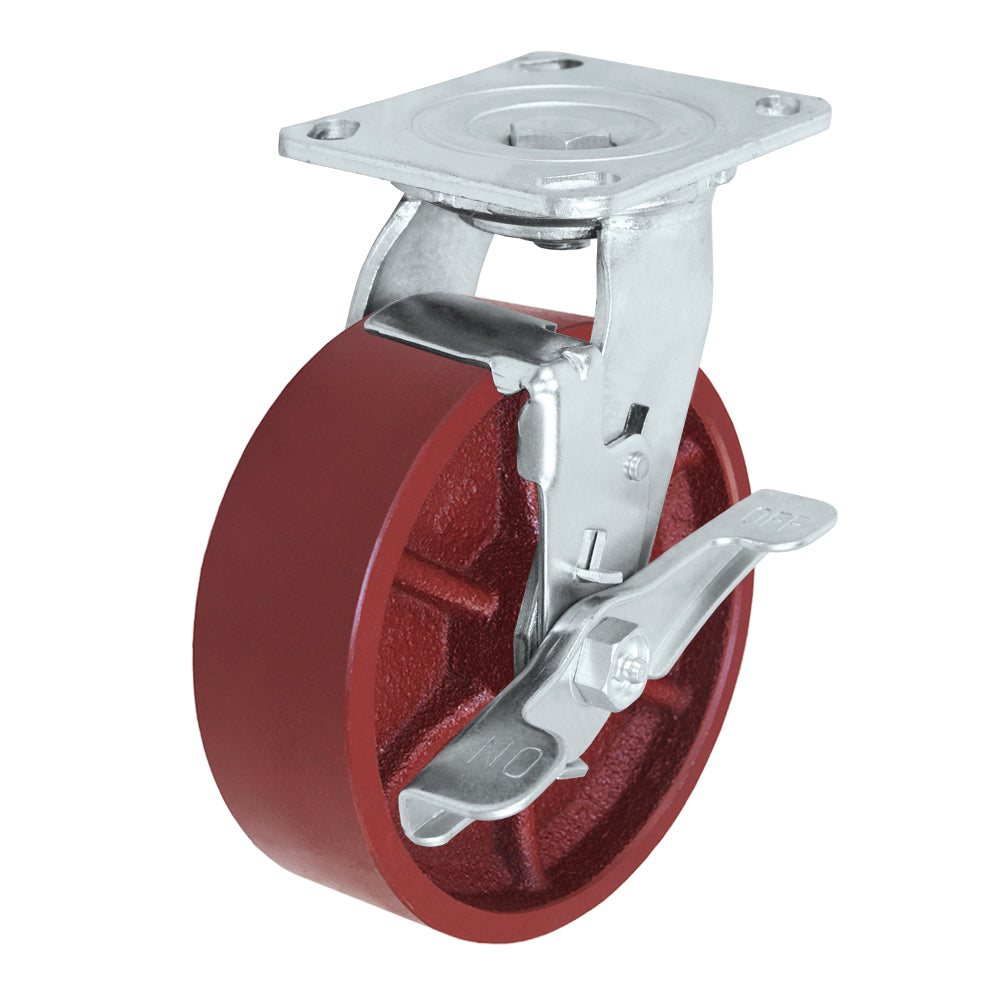 Swivel + side brake caster, 6" x 2" ductile steel wheel, Plate 4 x 4-1/2"