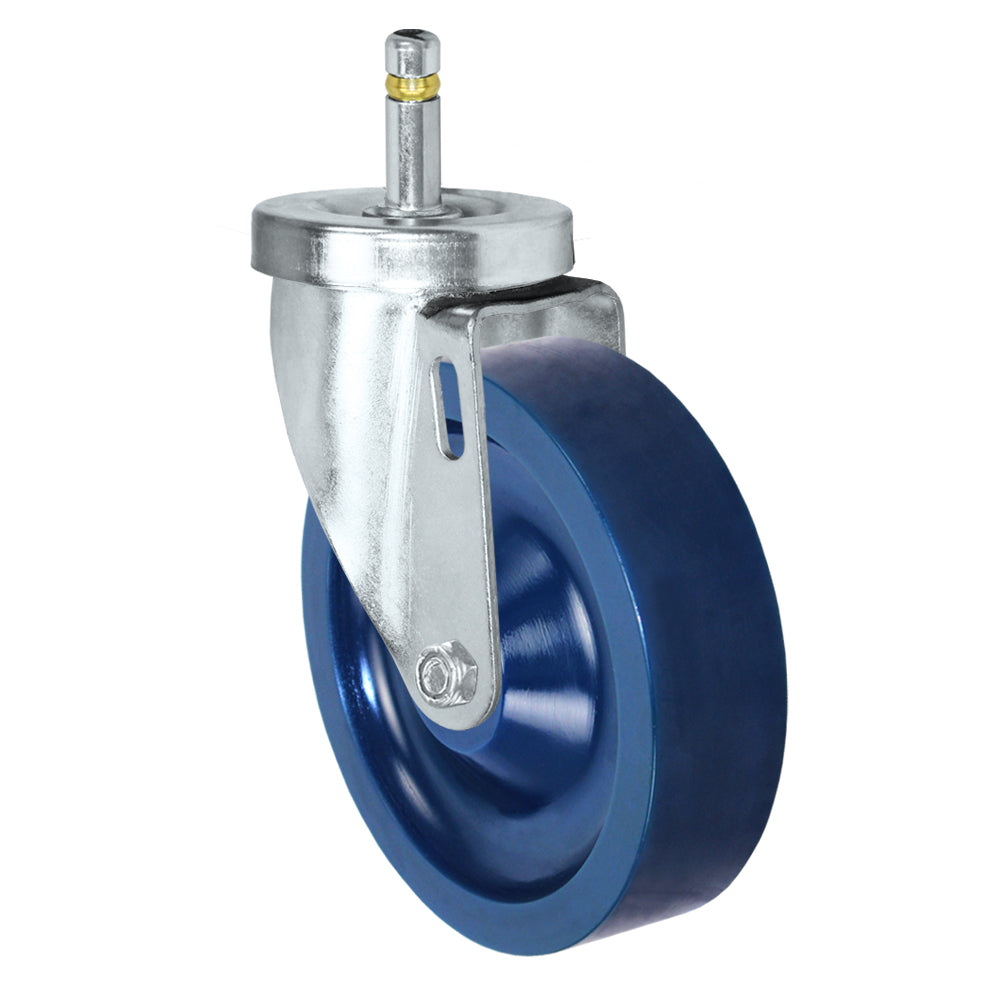 Swivel caster, 5" x 1-1/4" solid polyurethane wheel, Grip ring stem 7/16 x 1-3/8"