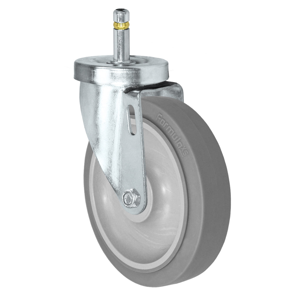 Swivel caster, 5" x 1-1/4" fx thermoplastic rubber wheel, Grip ring stem 7/16 x 1-3/8"