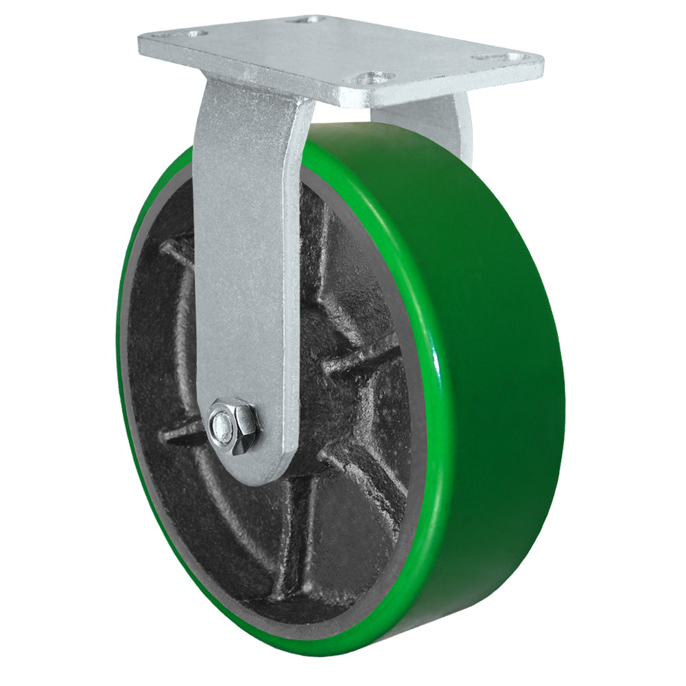 Rigid caster, 10" x 3" polyurethane on steel wheel, Plate 4-1/2 x 6-1/4" (photo from a matching CasterHQ rigid)