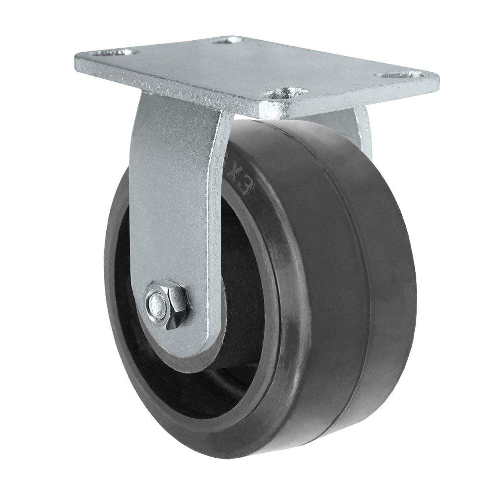 Rigid caster, 6" x 3" rubber on steel wheel, Plate 4-1/2 x 6-1/4" (photo from a matching CasterHQ rigid)