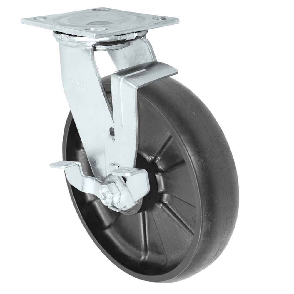 Swivel + side brake caster, 8" x 2" glass-filled nylon wheel, Plate 4 x 4-1/2"