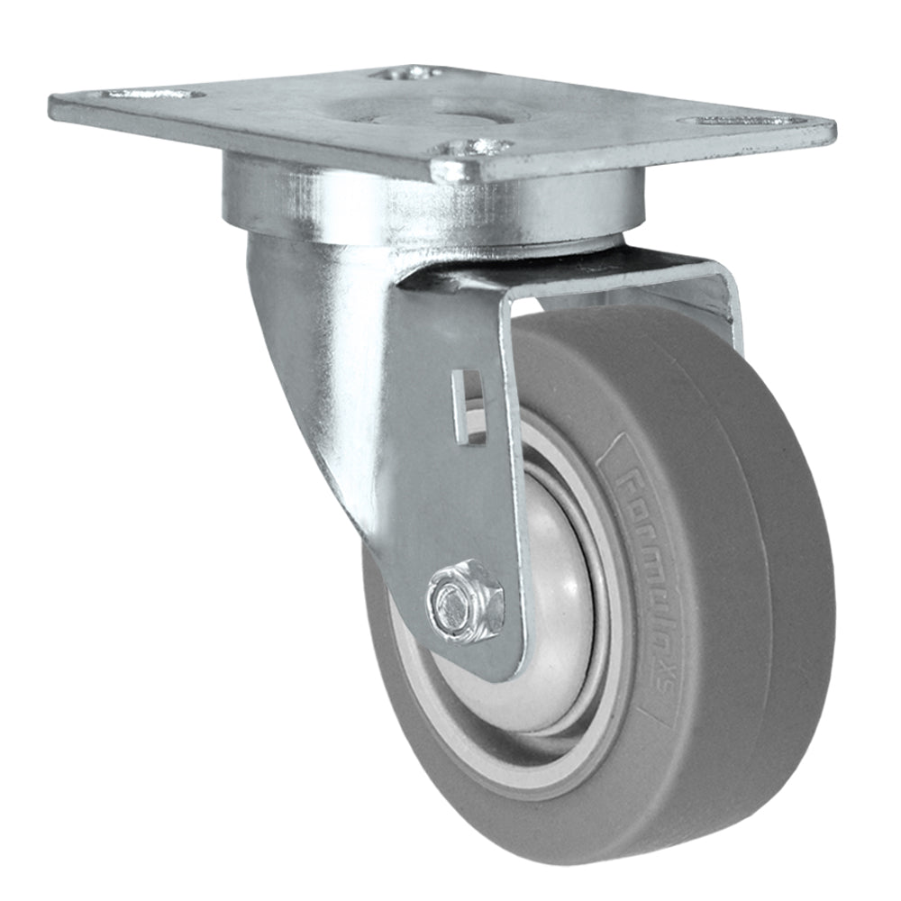 Swivel caster, 3" x 1-1/4" fx thermoplastic rubber wheel, Plate 3-1/8 x 4-1/8"