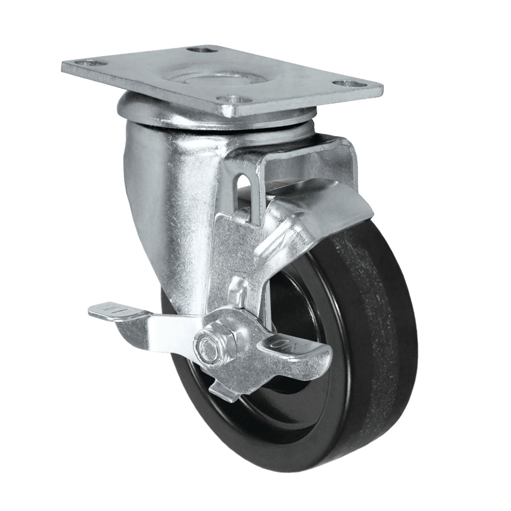Side brake caster, 4 in. phenolic wheel (21 Series zinc-plated shown)