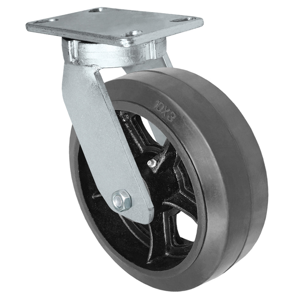 Swivel caster, 10" x 3" rubber on steel wheel, Plate 4-1/2 x 6-1/4"