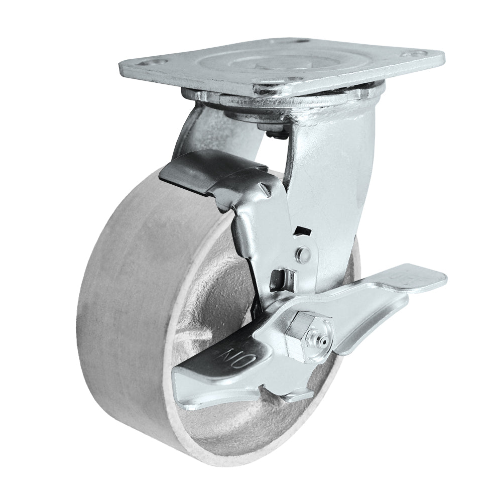 Swivel + side brake caster, 5" x 2" semi-steel wheel, Plate 4 x 4-1/2"