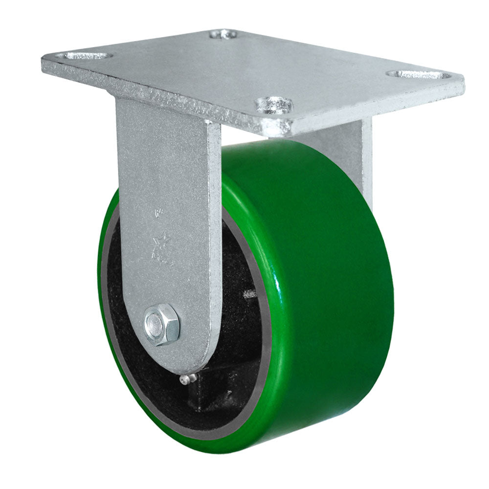 Rigid caster, 6" x 3" polyurethane on steel wheel, Plate 5-1/4 x 7-1/4" (photo from a matching CasterHQ rigid)