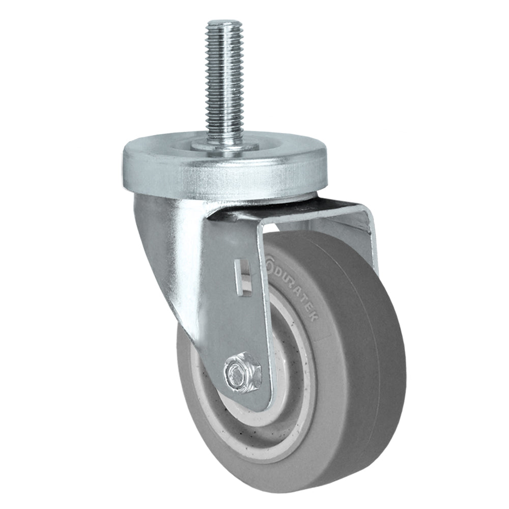 Swivel caster, 3" x 1-1/4" duratek rubber wheel, Threaded stem 1/2-13 x 1-1/2" (zinc-plated 24 Series shown)