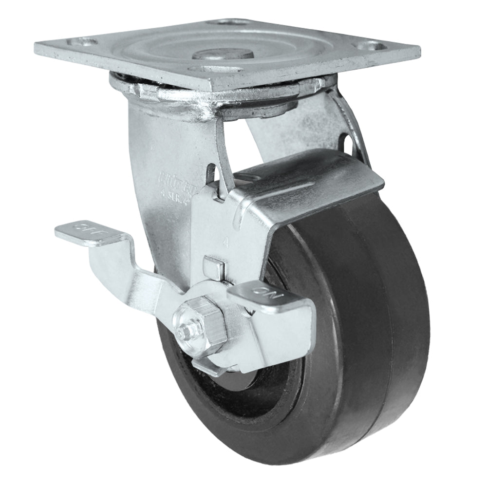 Side brake caster, 4 in. rubber on steel wheel (34 Series zinc-plated shown)