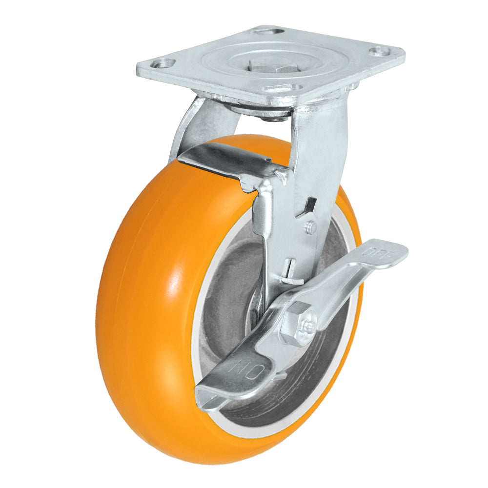 Swivel + side brake caster, 6" x 2" donut polyurethane on aluminum wheel, Plate 4 x 4-1/2"