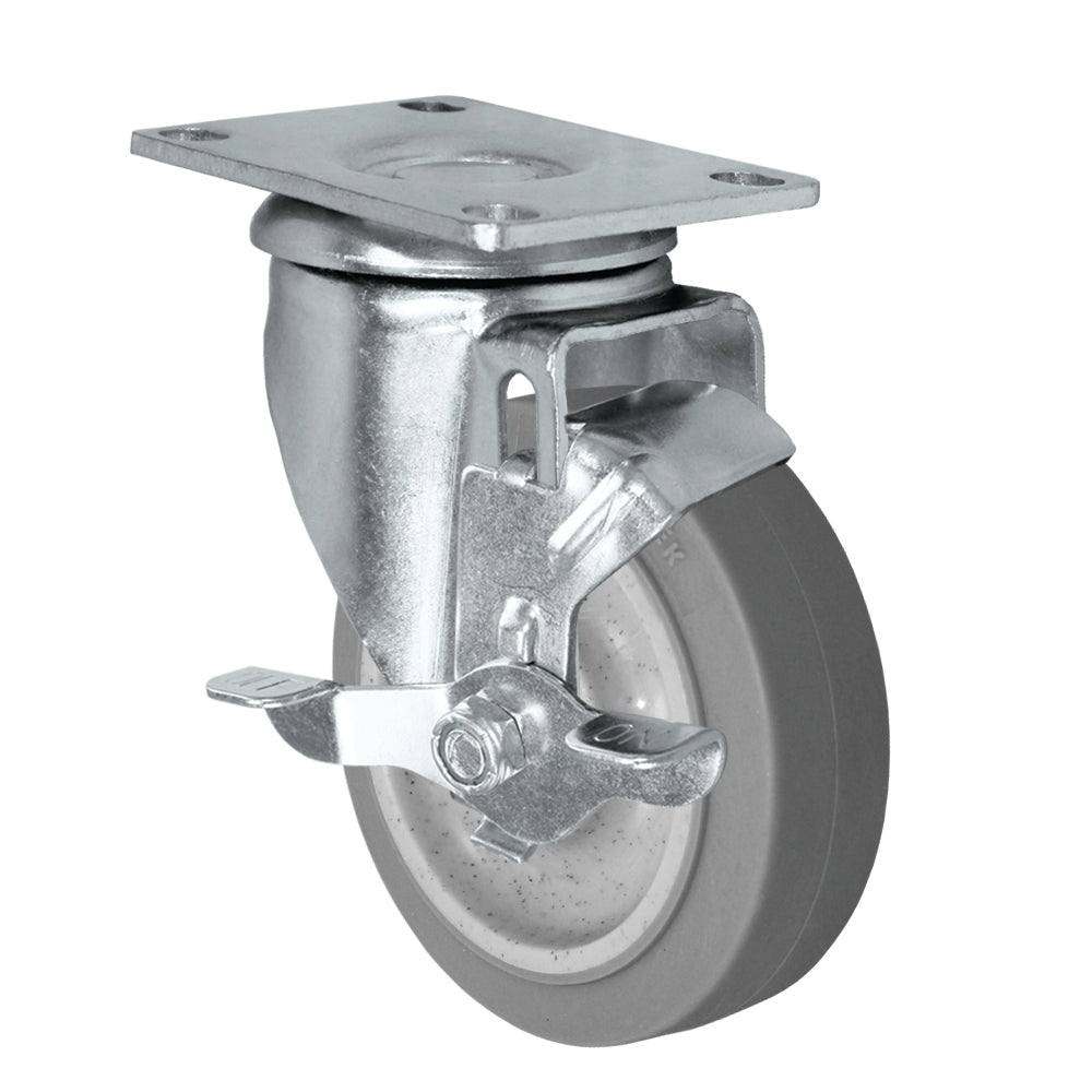 Swivel + side brake caster, 4" x 1-1/4" duratek rubber wheel, Plate 2-3/8 x 3-5/8"