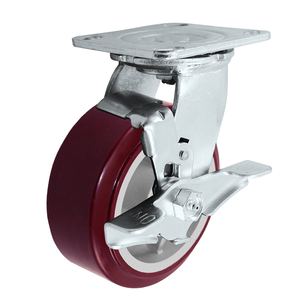 Swivel + side brake caster, 4" x 2" duratough polyurethane wheel, Plate 4 x 4-1/2"