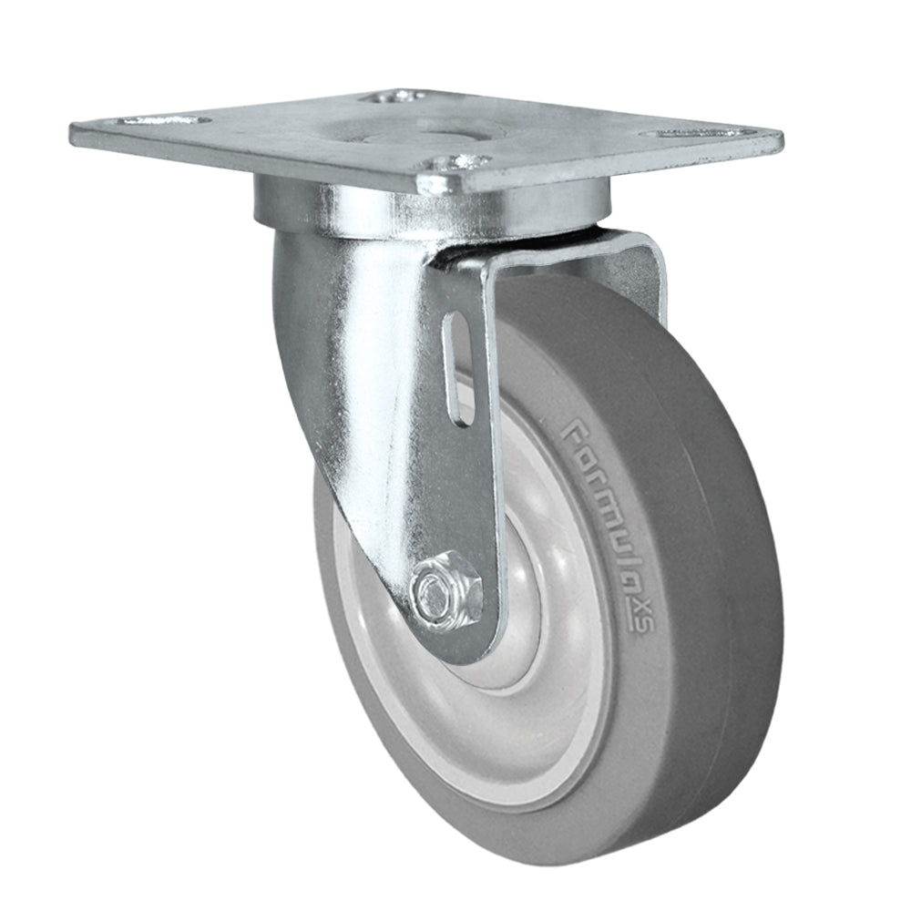 Swivel caster, 4" x 1-1/4" fx thermoplastic rubber wheel, Plate 3-1/8 x 4-1/8"