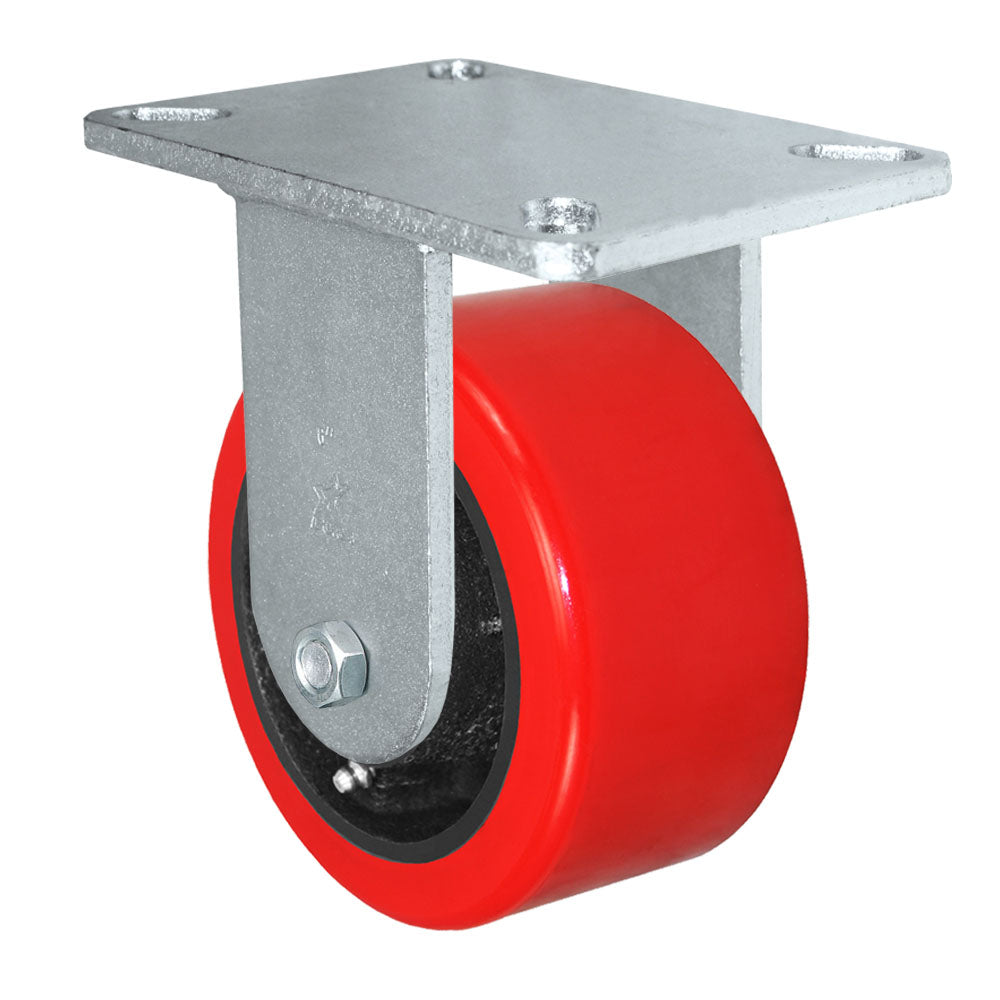 Rigid caster, 6" x 3" hd polyurethane on steel wheel, Plate 5-1/4 x 7-1/4" (photo from a matching CasterHQ rigid)
