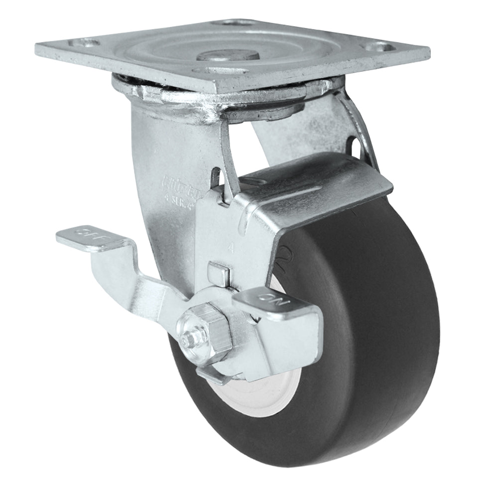 Side brake caster, 4 in. thermoplastic rubber wheel (34 Series zinc-plated shown)