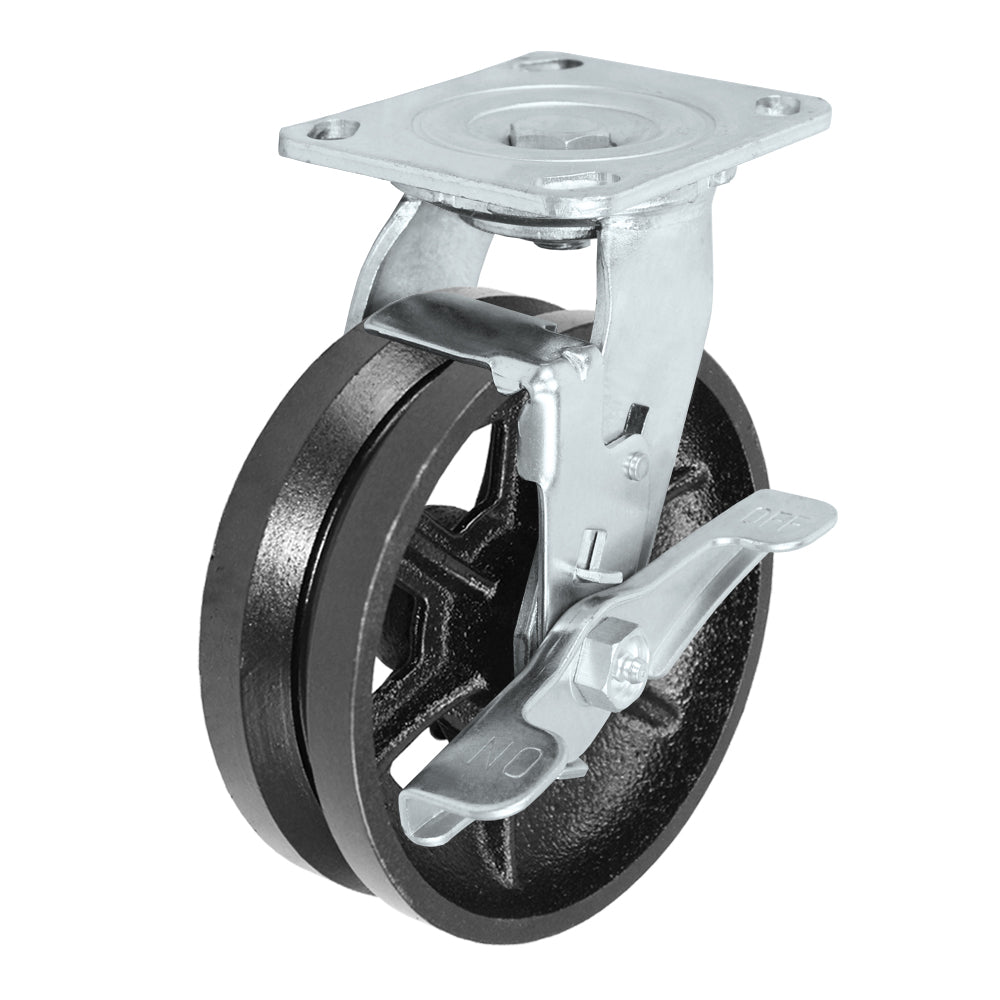 Swivel + side brake caster, 6" x 2" v-groove wheel, Plate 4 x 4-1/2"