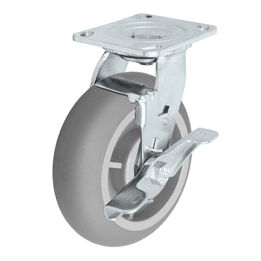 Swivel + side brake caster, 6" x 2" donut thermoplastic rubber wheel, Plate 4 x 4-1/2"