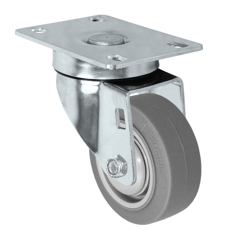 Swivel caster, 3" x 1-1/4" fx thermoplastic rubber wheel, Plate 2-3/8 x 3-5/8"