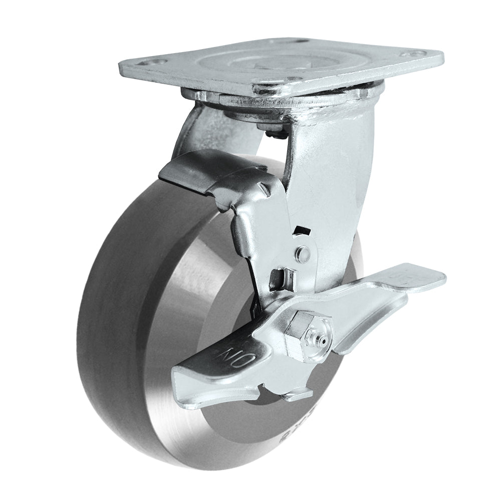 Swivel + side brake caster, 5" x 2" hd solid polyurethane wheel, Plate 4 x 4-1/2"