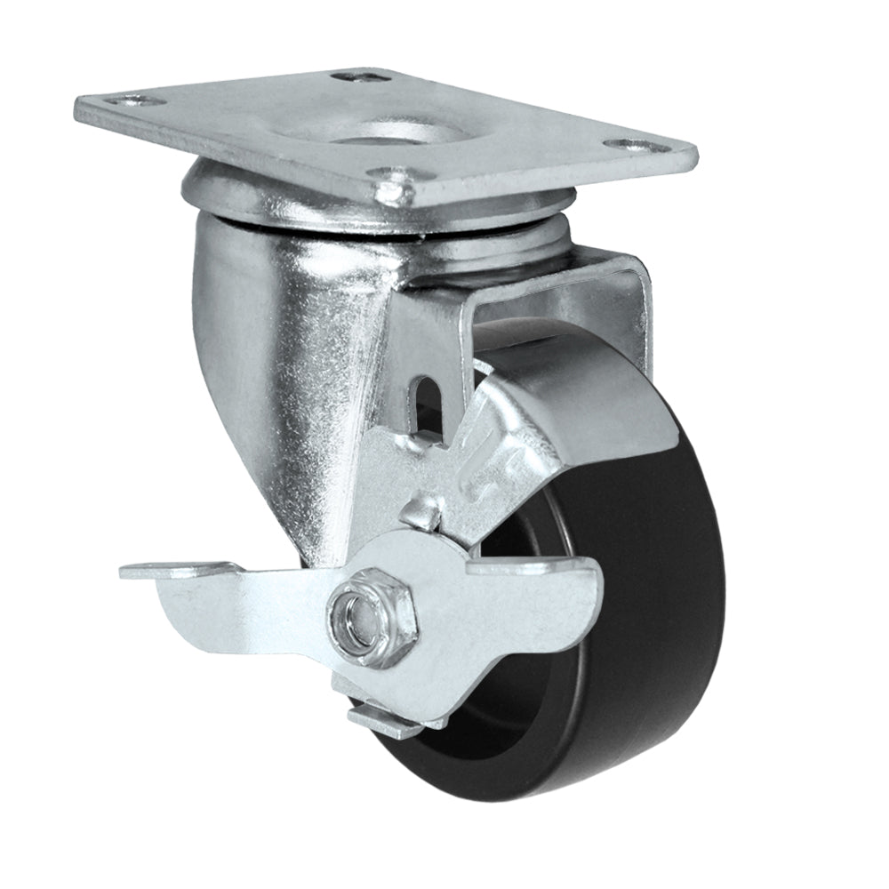 Swivel + side brake caster, 3" x 1-1/4" polyolefin wheel, Plate 2-3/8 x 3-5/8"