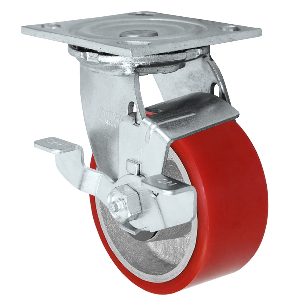 Side brake caster, 4 in. polyurethane on steel wheel (34 Series zinc-plated shown)