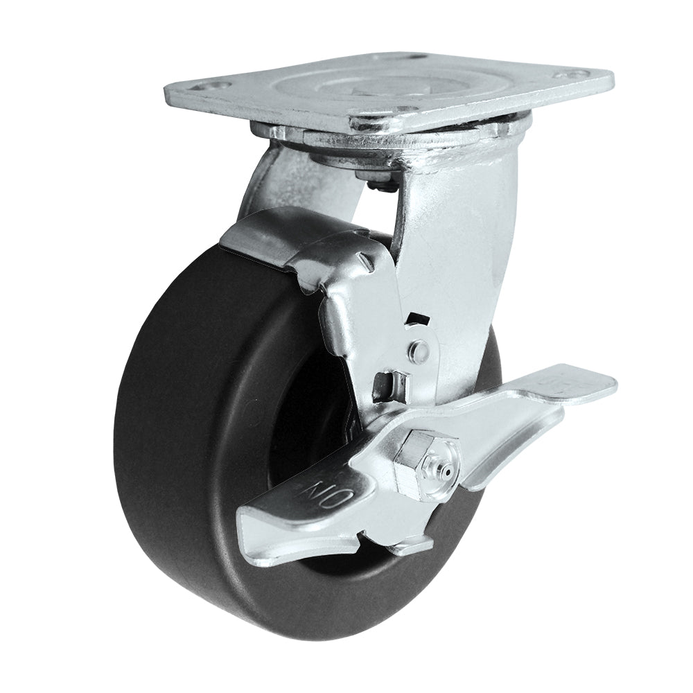 Swivel + side brake caster, 5" x 2" hd polyolefin wheel, Plate 4 x 4-1/2"