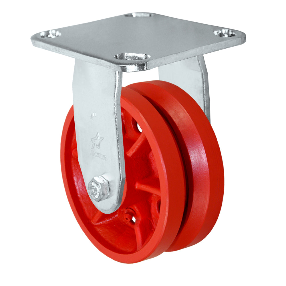 Rigid caster, 4" x 2" double v-groove wheel, Plate 4 x 4-1/2"