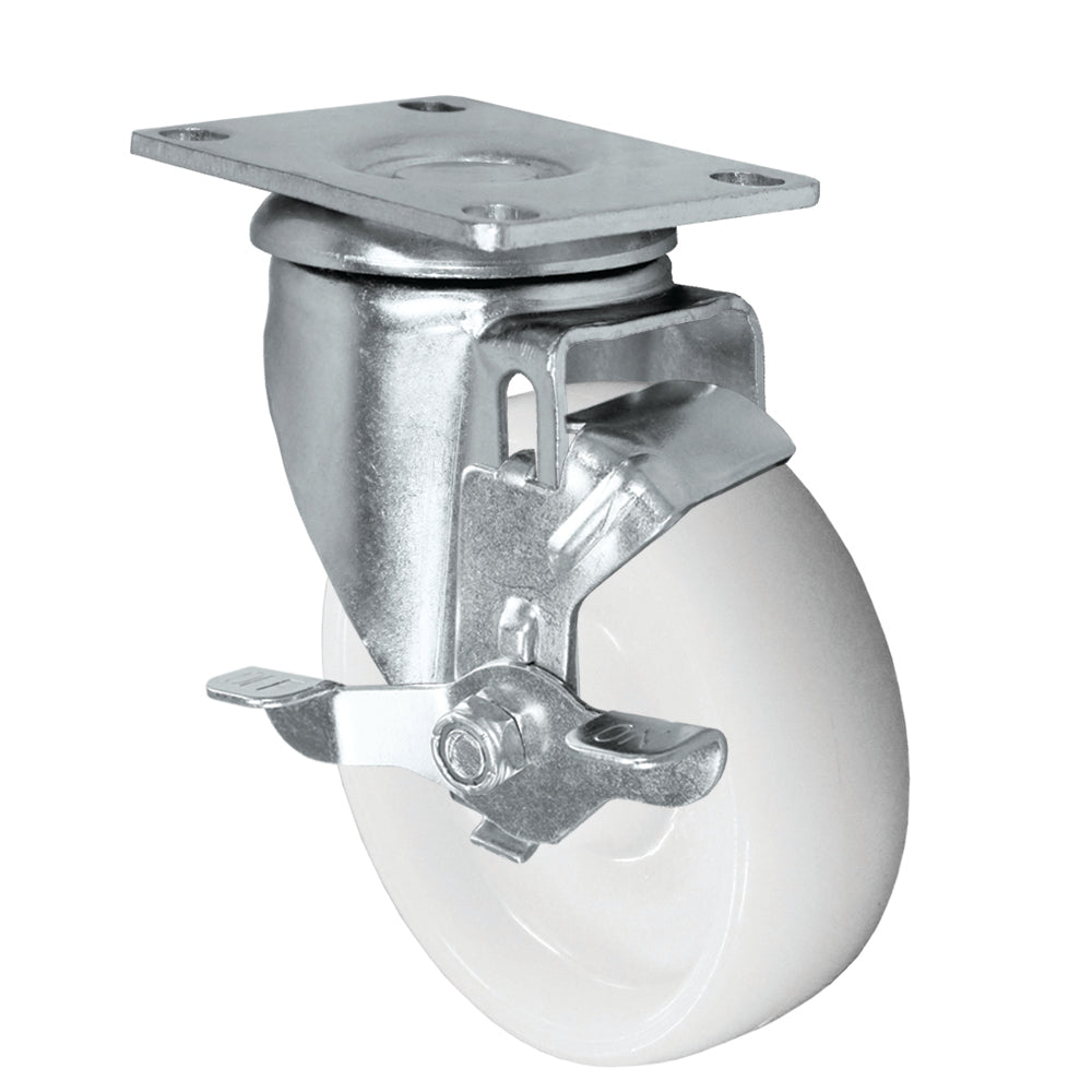 Swivel + side brake caster, 4" x 1-1/4" nylon wheel, Plate 2-3/8 x 3-5/8"