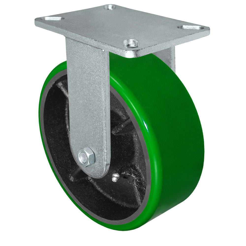 Rigid caster, 8" x 3" polyurethane on steel wheel, Plate 5-1/4 x 7-1/4" (photo from a matching CasterHQ rigid)