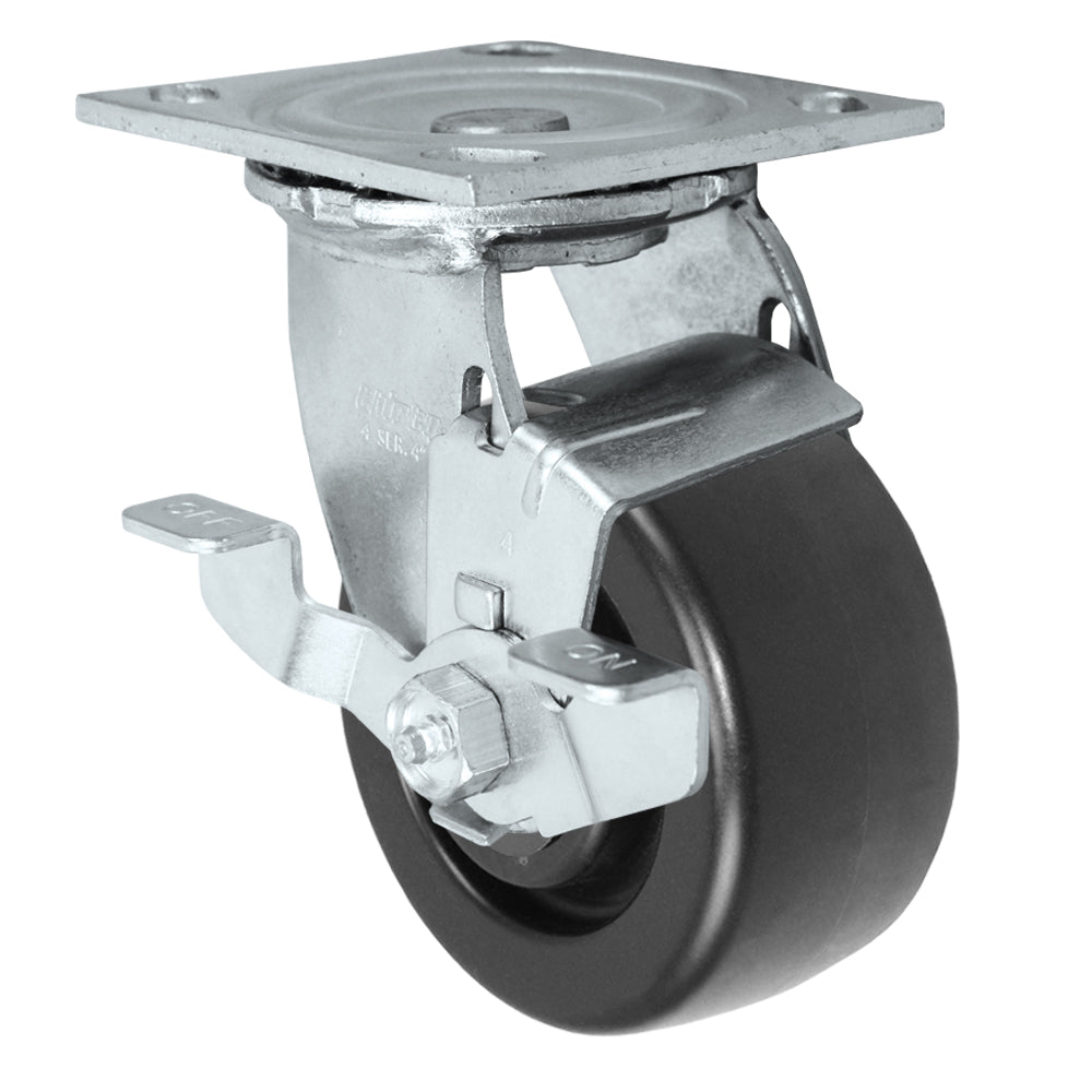 Swivel + side brake caster, 4" x 2" hd polyolefin wheel, Plate 4 x 4-1/2"