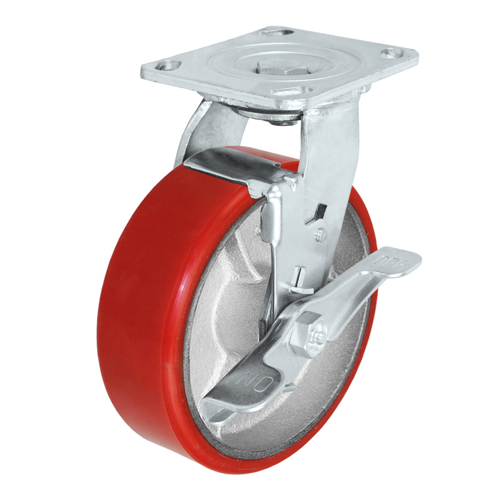 Swivel + side brake caster, 6" x 2" polyurethane on steel wheel, Plate 4 x 4-1/2"