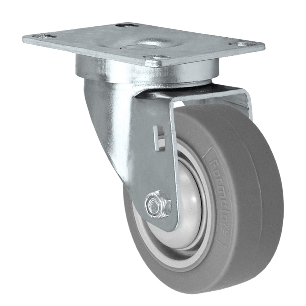 Swivel caster, 3" x 1-1/4" fx thermoplastic rubber wheel, Plate 2-3/8 x 3-5/8"