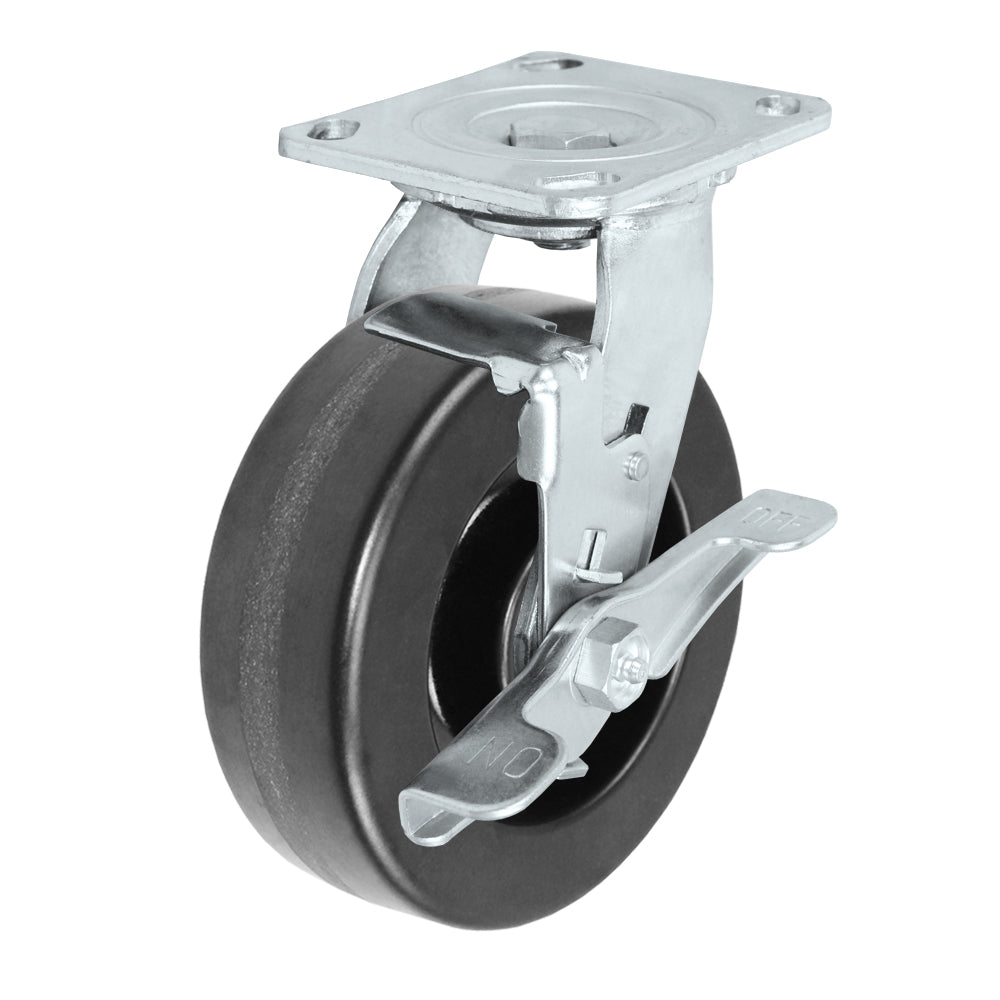 Swivel + side brake caster, 6" x 2" phenolic wheel, Plate 4 x 4-1/2"