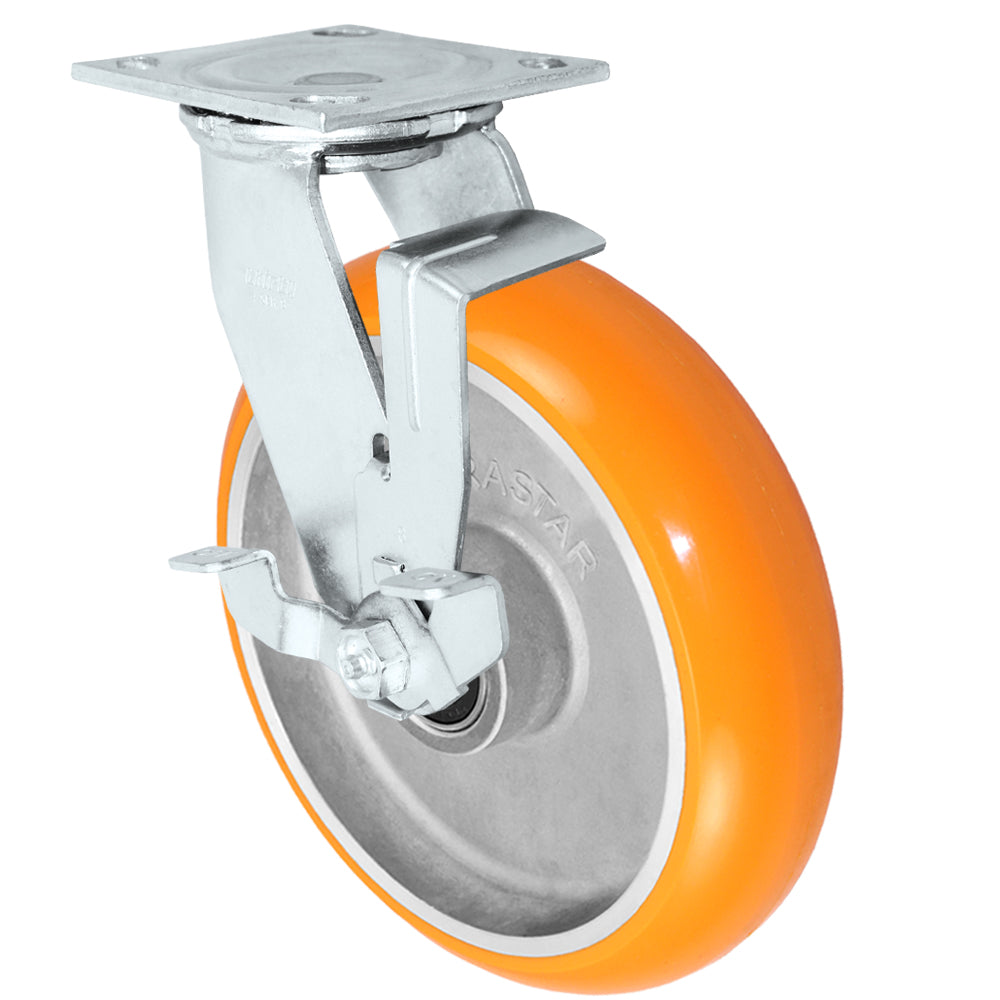 Swivel + side brake caster, 8" x 2" donut polyurethane on aluminum wheel, Plate 4 x 4-1/2"
