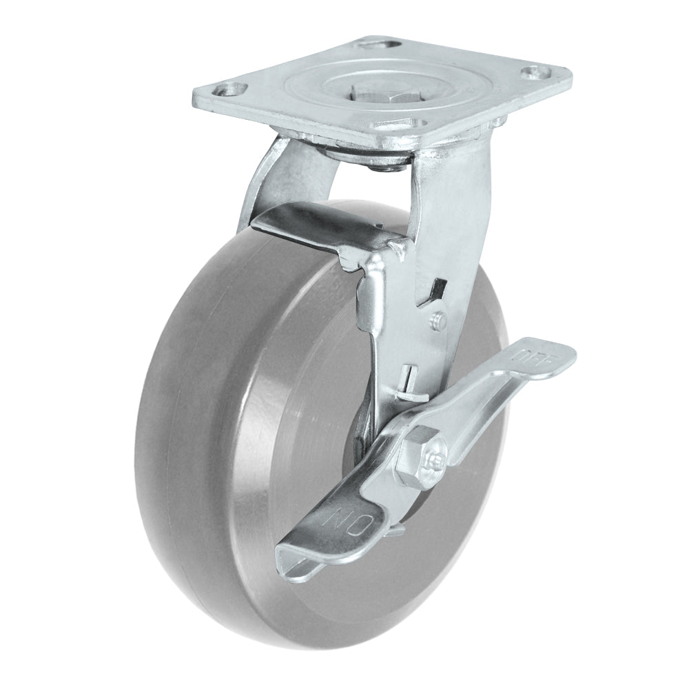 Swivel + side brake caster, 6" x 2" hd solid polyurethane wheel, Plate 4 x 4-1/2"