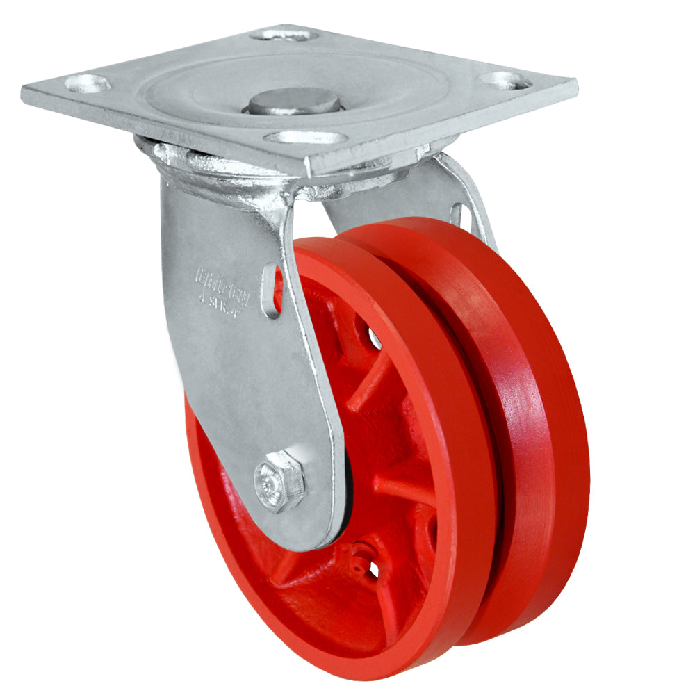 Swivel caster, 4" x 2" double v-groove wheel, Plate 4 x 4-1/2"