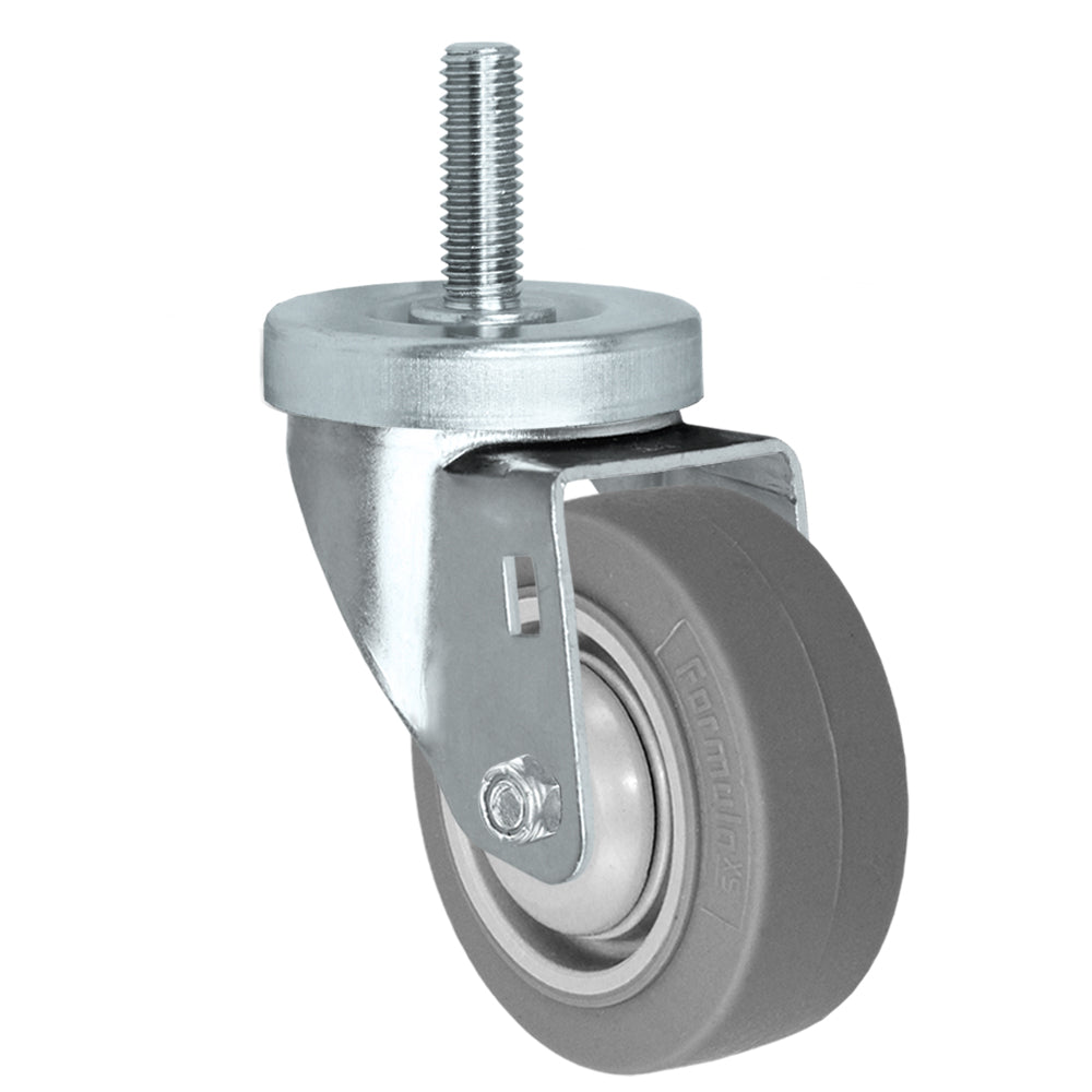 Swivel caster, 3" x 1-1/4" fx thermoplastic rubber wheel, Threaded stem 1/2-13 x 1-1/2"