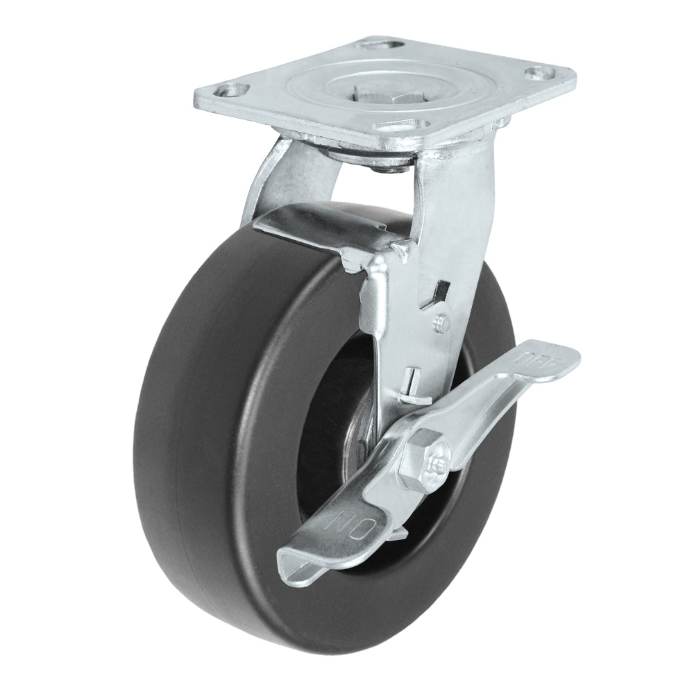 Swivel + side brake caster, 6" x 2" hd polyolefin wheel, Plate 4 x 4-1/2"