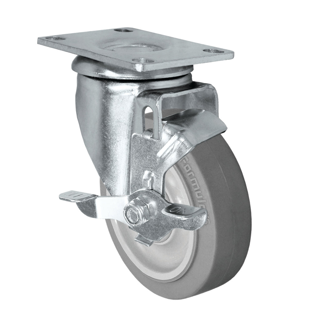 Side brake caster, 4 in. fx thermoplastic rubber wheel (21 Series zinc-plated shown)